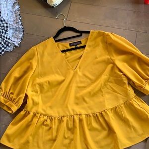 ELOQUII v neck mustard ruffle shirt